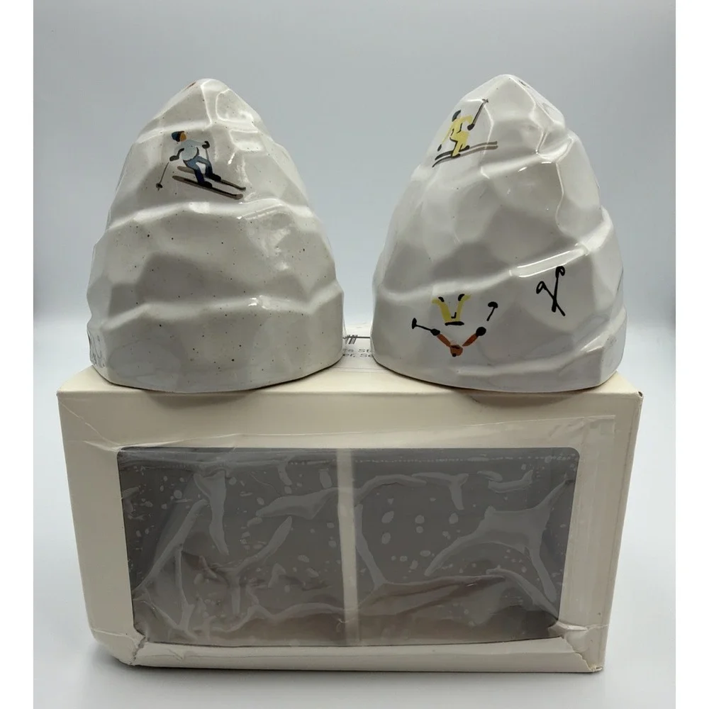 NIB West Elm Christmas St. Jude Holiday Skier Stoneware Salt And Pepper Shakers